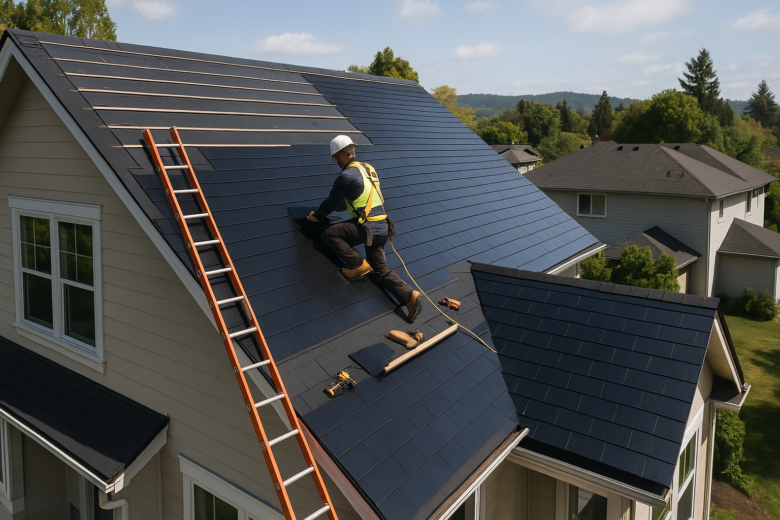 Man installing solar roof panels